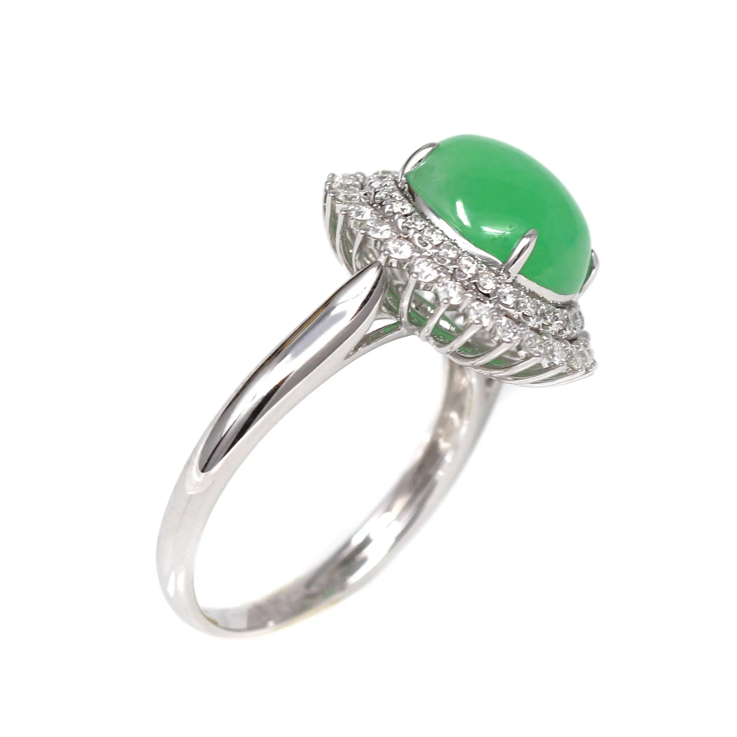 RealJade® Signature Double Halo 18k White Gold Natural Imperial Green Jadeite Jade Engagement Ring