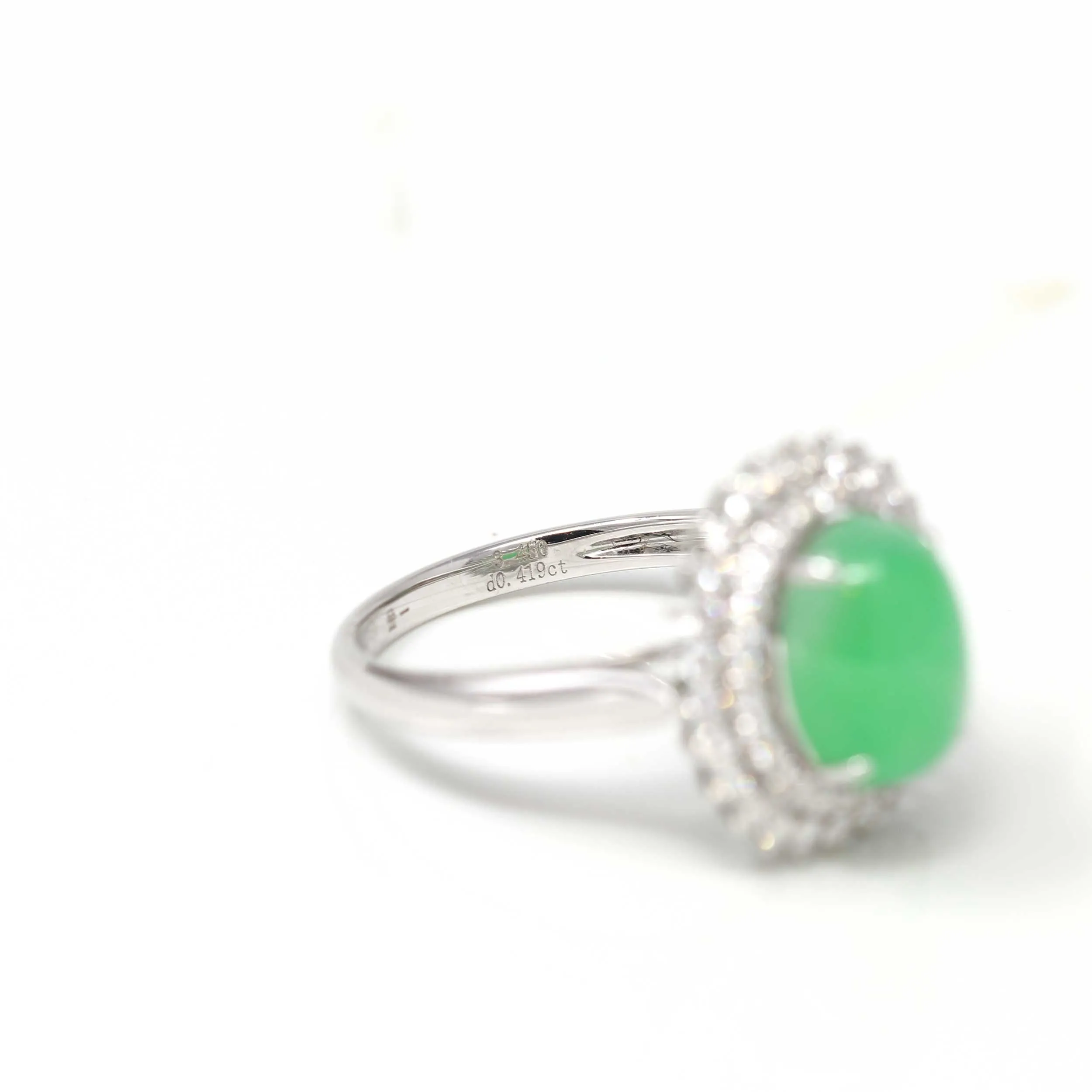 RealJade® Signature Double Halo 18k White Gold Natural Imperial Green Jadeite Jade Engagement Ring