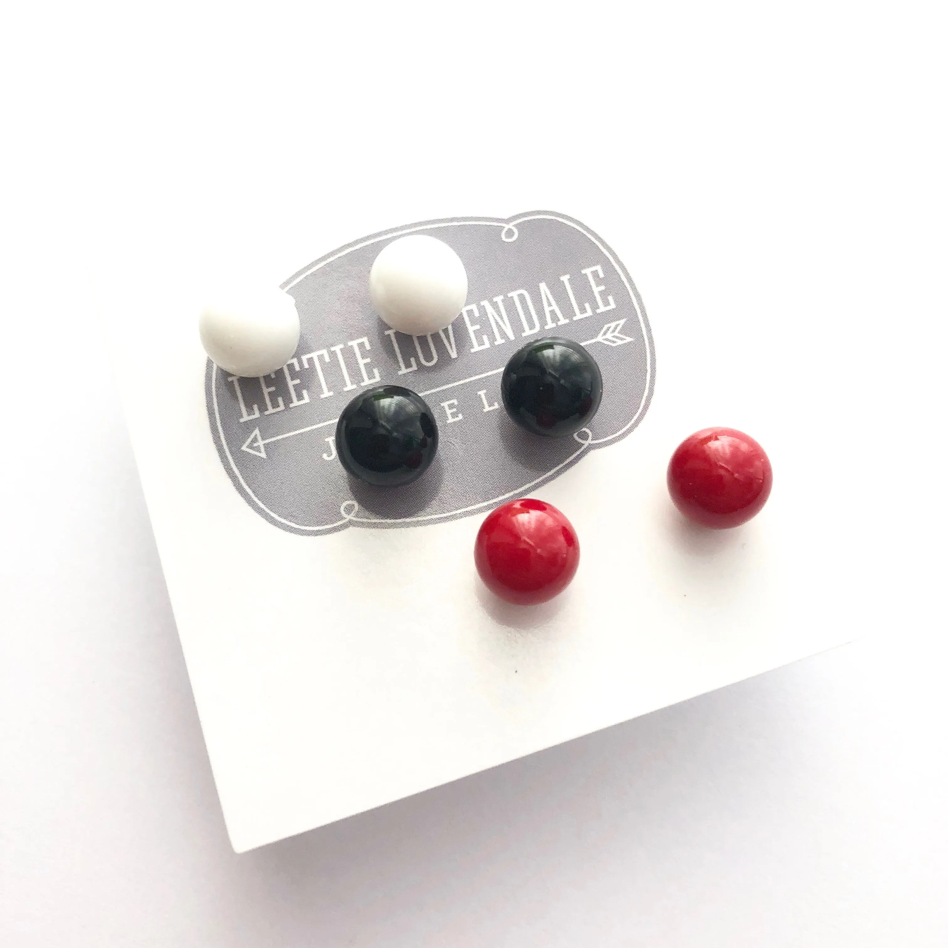 Red Black and White Stud Earring Set | 8mm Vintage Lucite Triple Studs Set