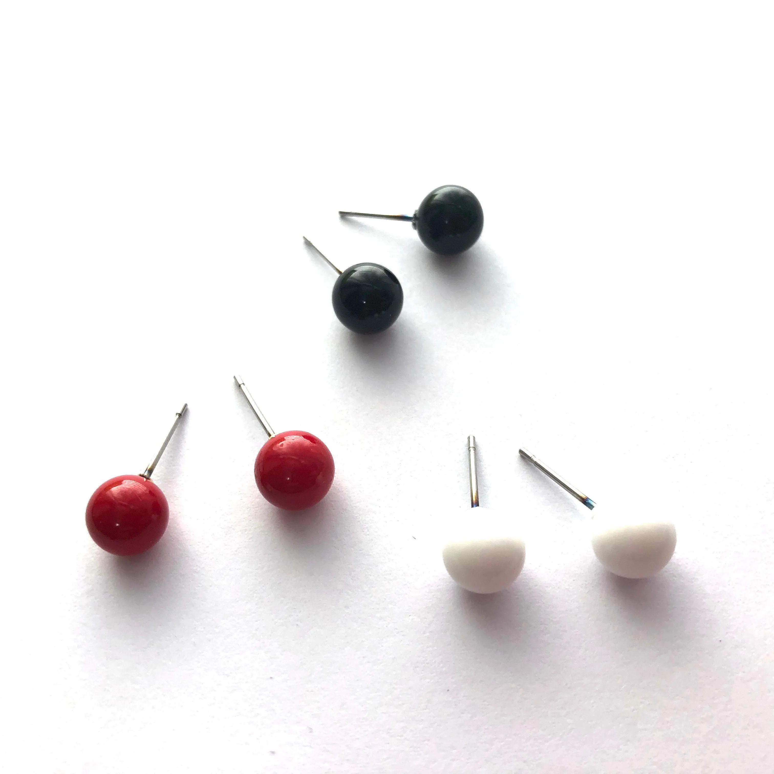 Red Black and White Stud Earring Set | 8mm Vintage Lucite Triple Studs Set