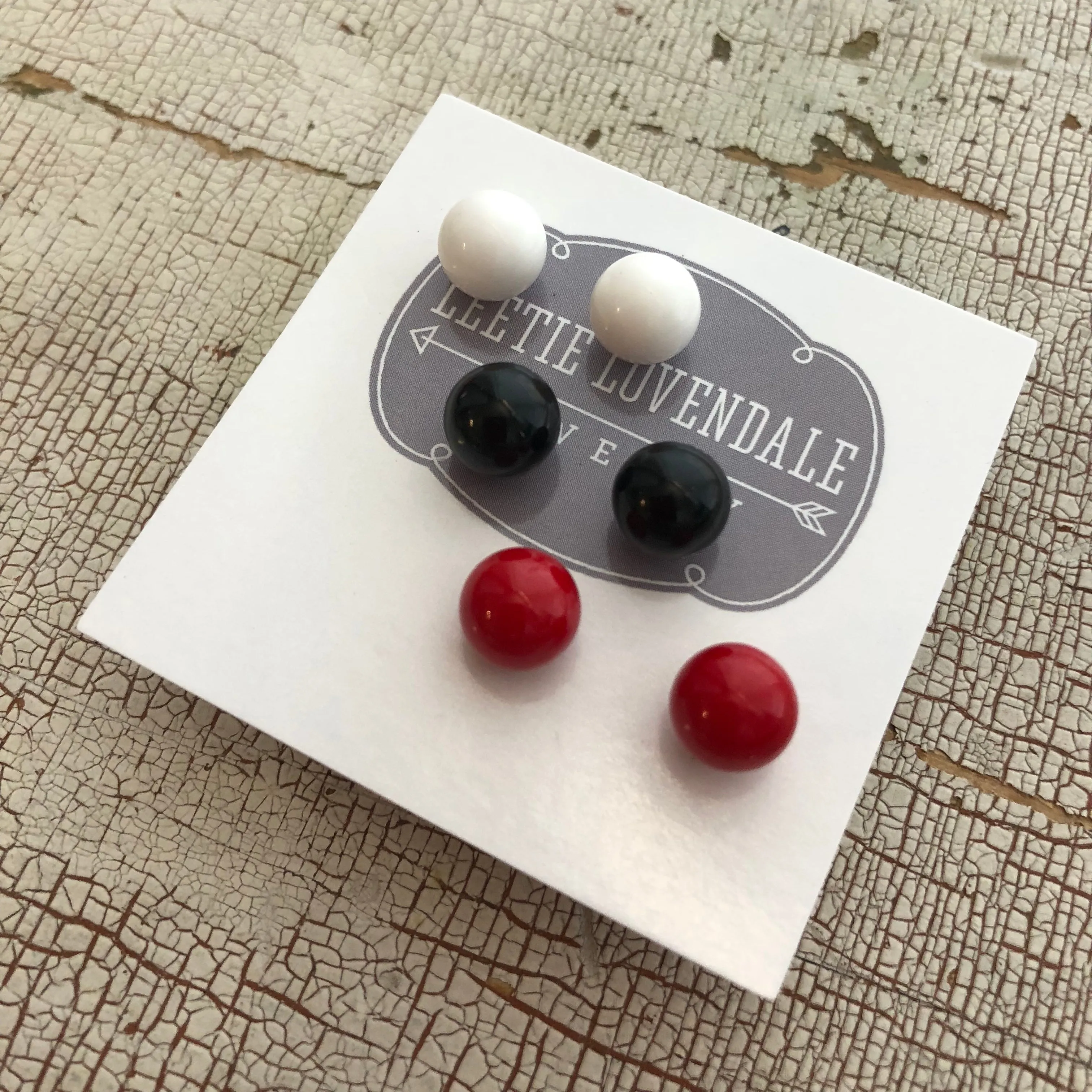 Red Black and White Stud Earring Set | 8mm Vintage Lucite Triple Studs Set