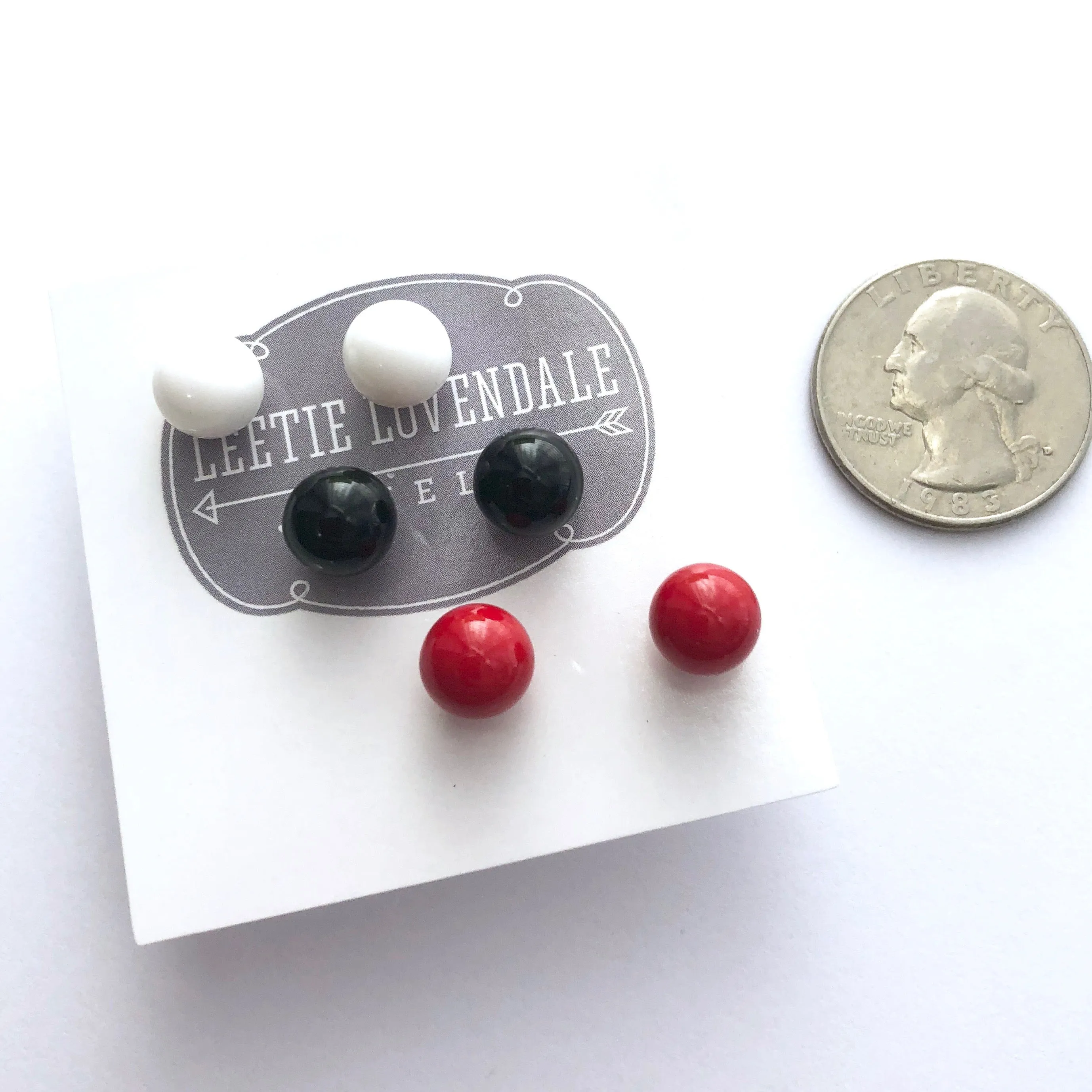 Red Black and White Stud Earring Set | 8mm Vintage Lucite Triple Studs Set