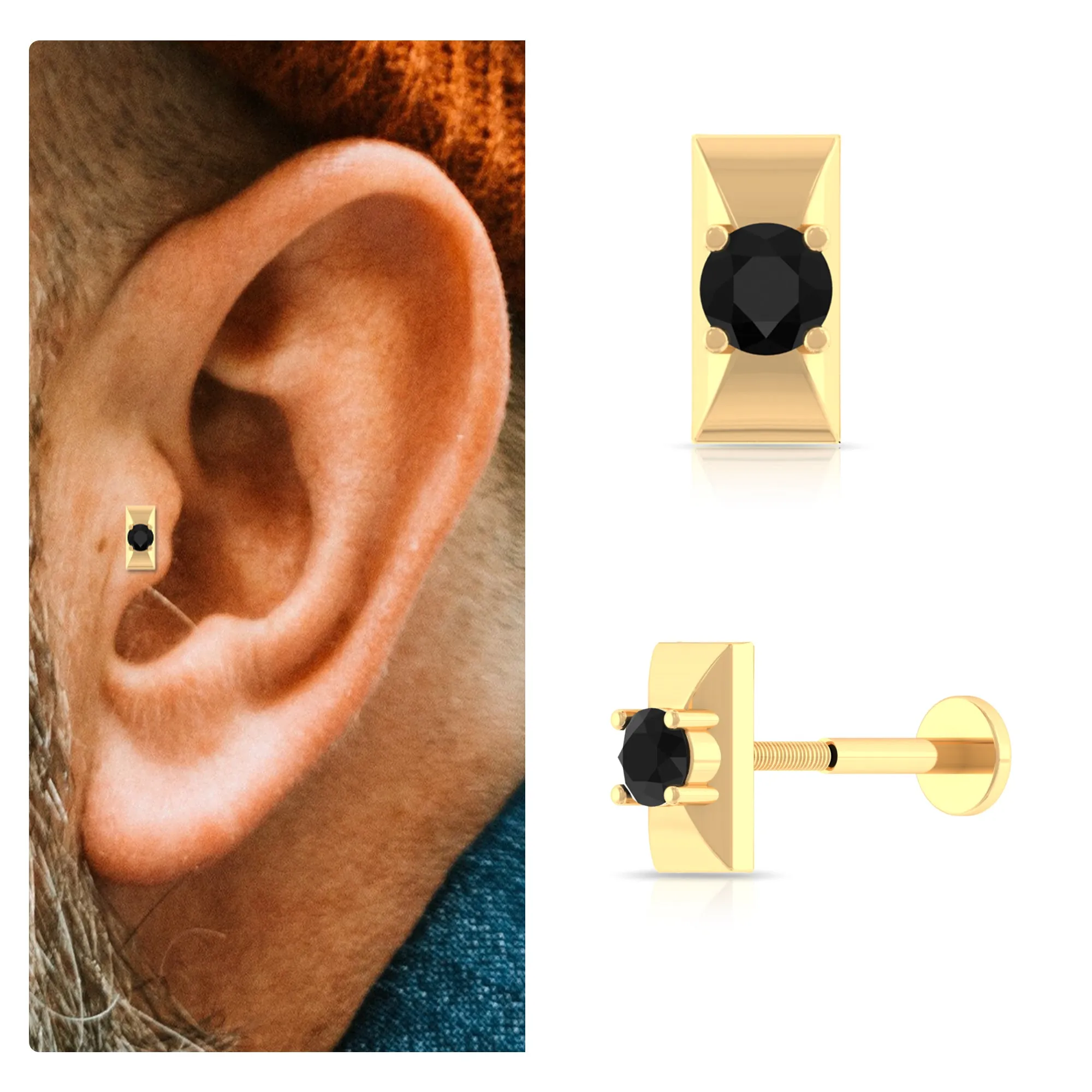 Round Cut Solitaire Black Onyx Gold Bar Tragus Earring