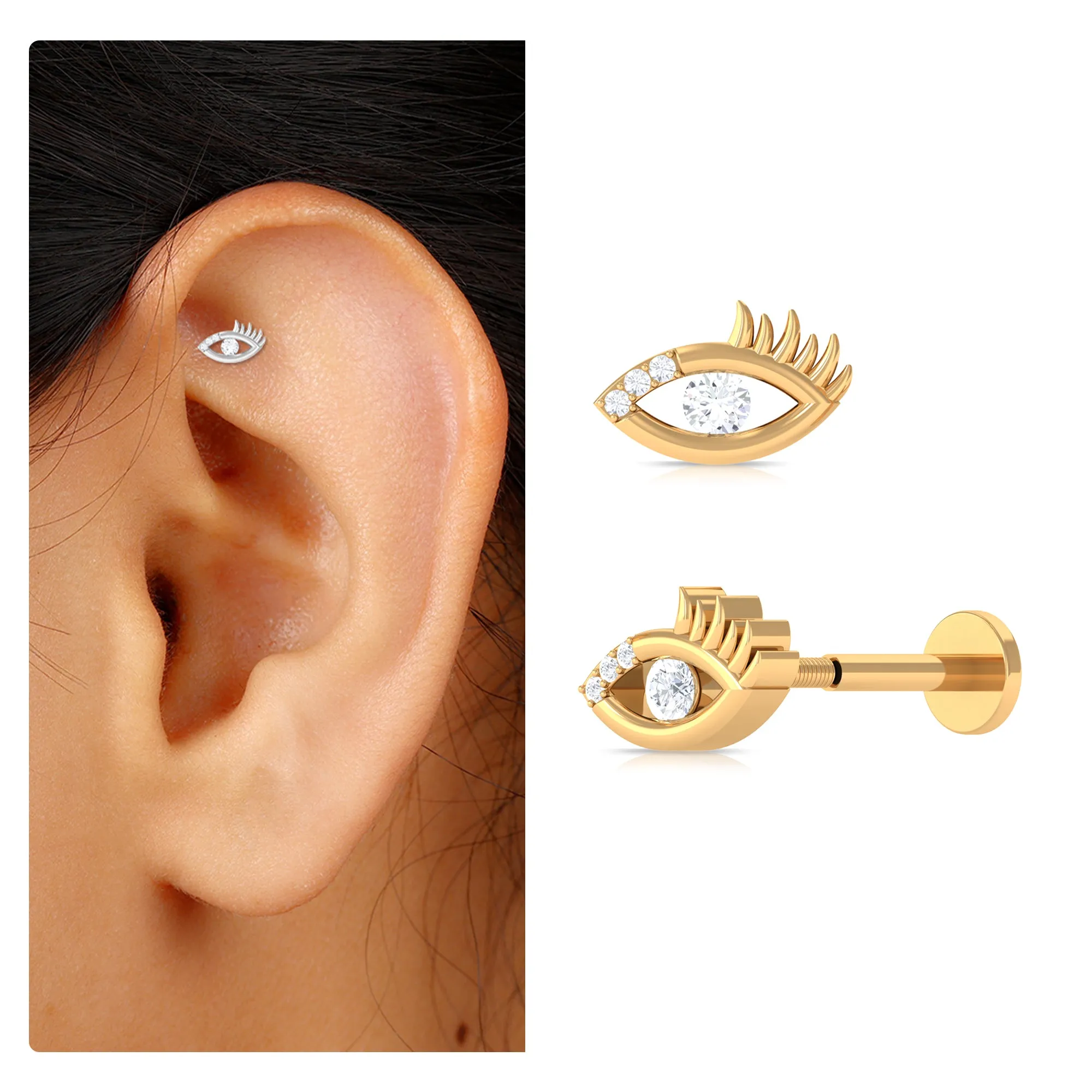 Round Moissanite Gold Evil Eye Cartilage Earring