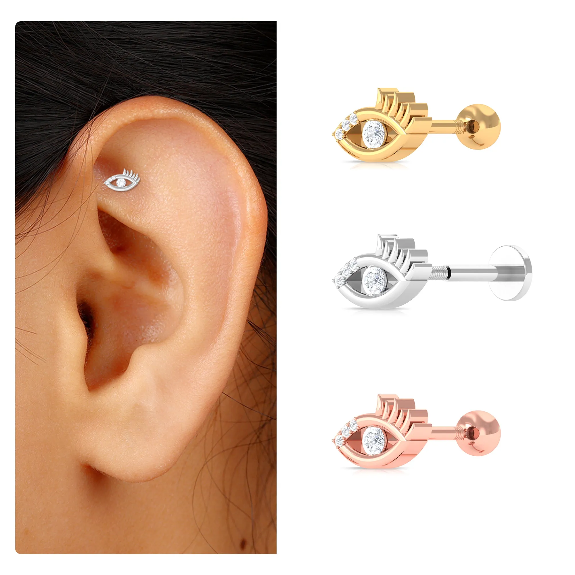 Round Moissanite Gold Evil Eye Cartilage Earring