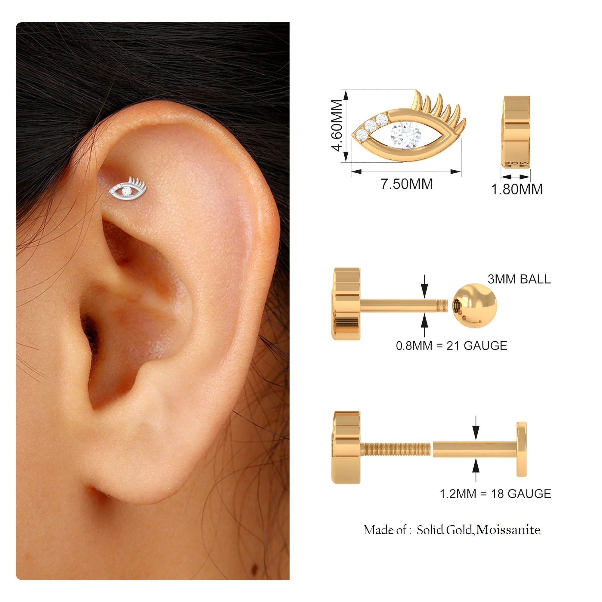 Round Moissanite Gold Evil Eye Cartilage Earring