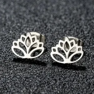 Silver Cutout Lotus Flower Stud Earrings