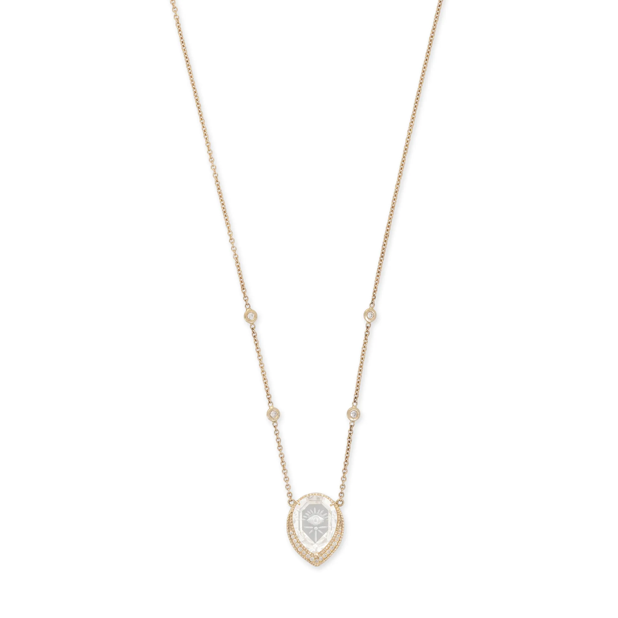 Small Pave Carved Eye Burst Clear Quartz Teardrop Necklace