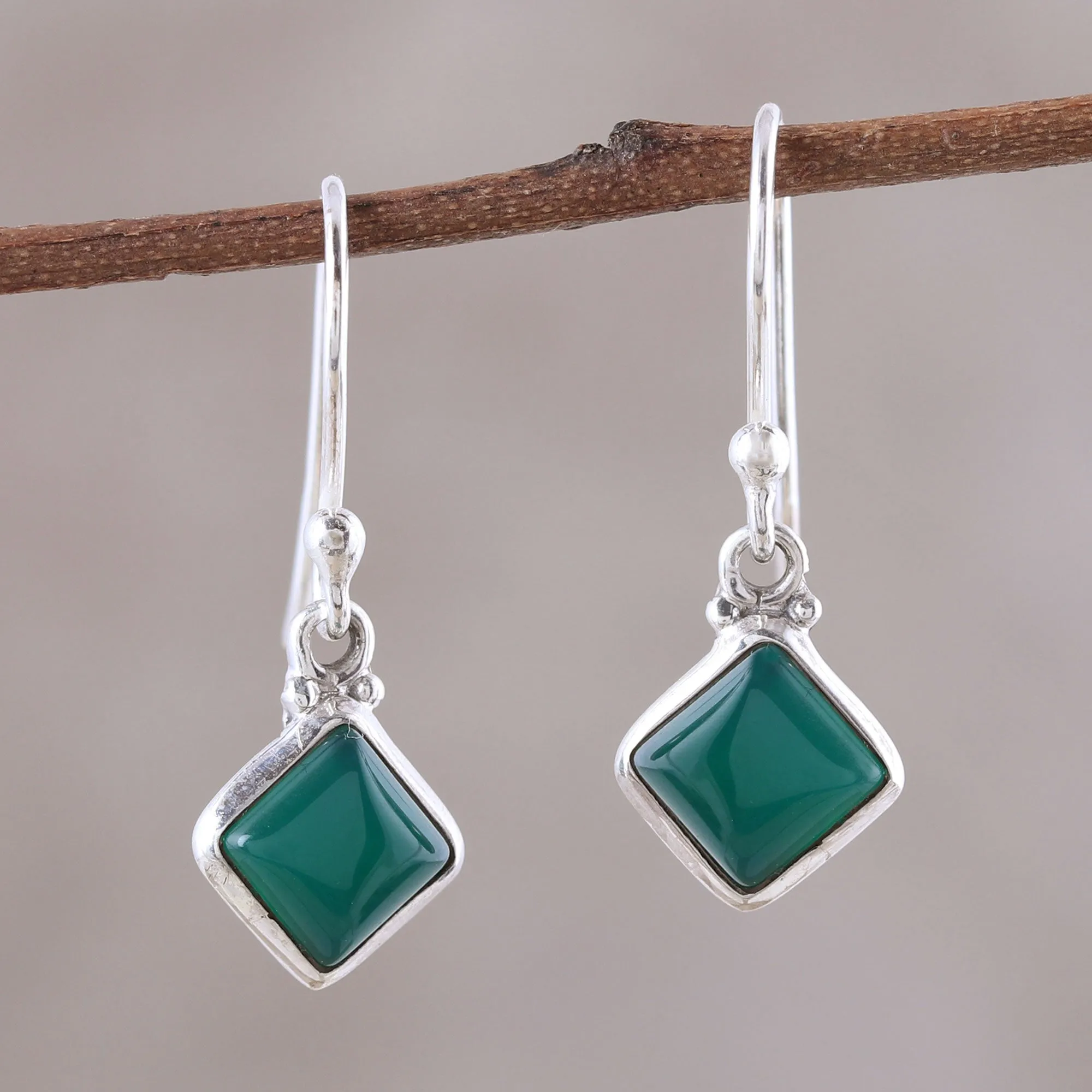 Square Green Onyx Dangle Earrings from India - Happy Kites in Green | NOVICA