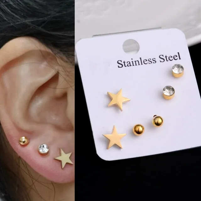 Stainless Steel Earrings Small Cute Butterfly Star Moon Heart Stud Earrings Set Punk Piercing Earing Women's Minimalist Jewelry