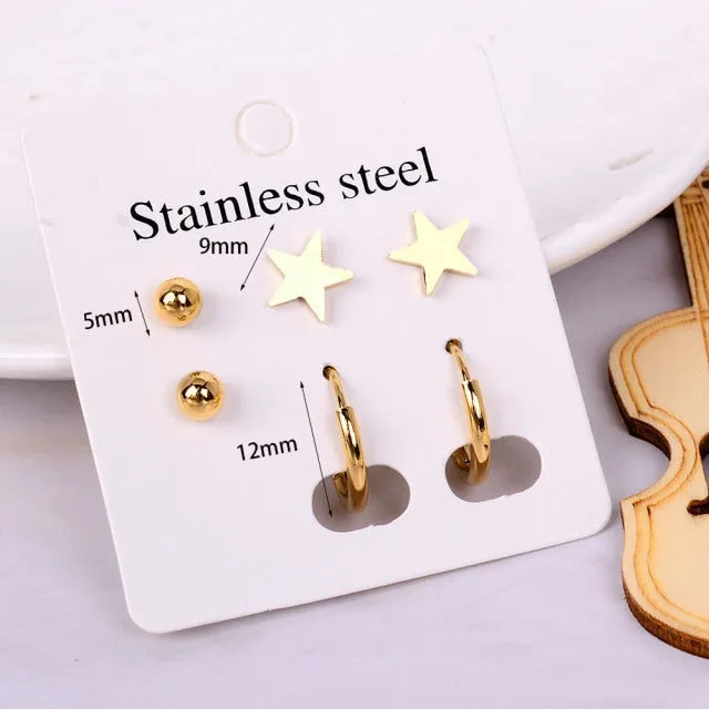 Stainless Steel Earrings Small Cute Butterfly Star Moon Heart Stud Earrings Set Punk Piercing Earing Women's Minimalist Jewelry