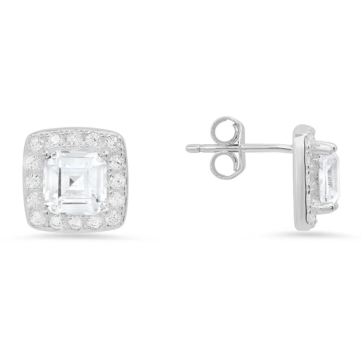 Sterling Silver Asscher-cut Halo CZ Stud Earrings