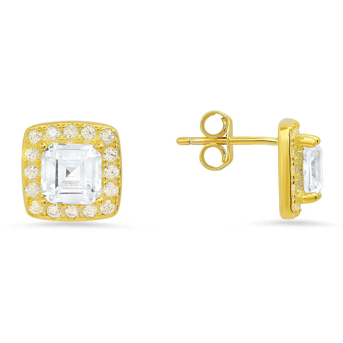 Sterling Silver Asscher-cut Halo CZ Stud Earrings