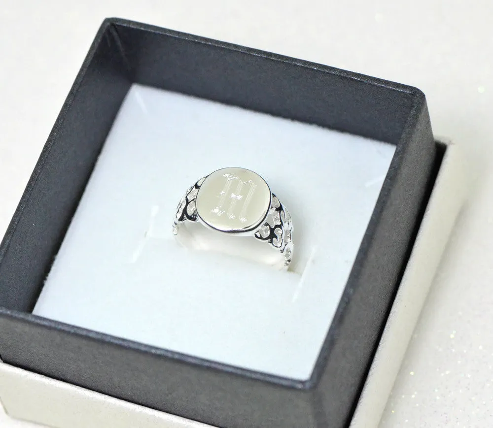 Sterling Silver Signet Ring With Filigree Decorative Band (Ladies Sizes)