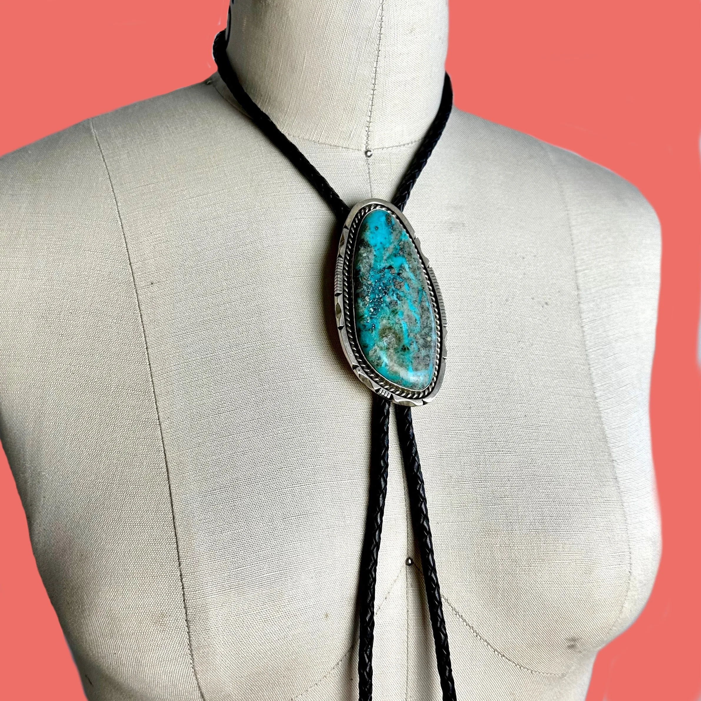 STONE IN LOVE Eddie Secatero Large Turquoise & Sterling Silver Bolo Tie w/ Leather Cord