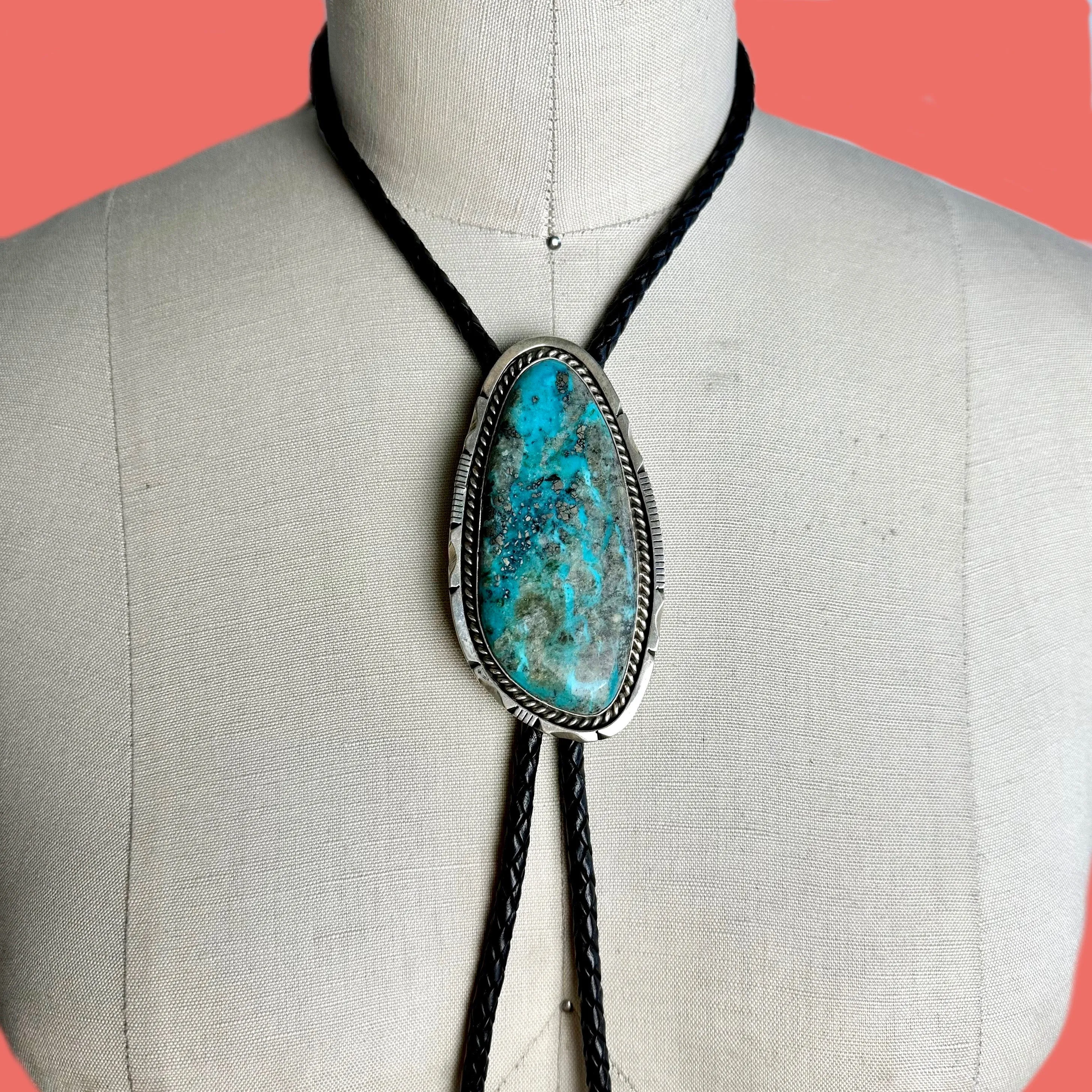 STONE IN LOVE Eddie Secatero Large Turquoise & Sterling Silver Bolo Tie w/ Leather Cord