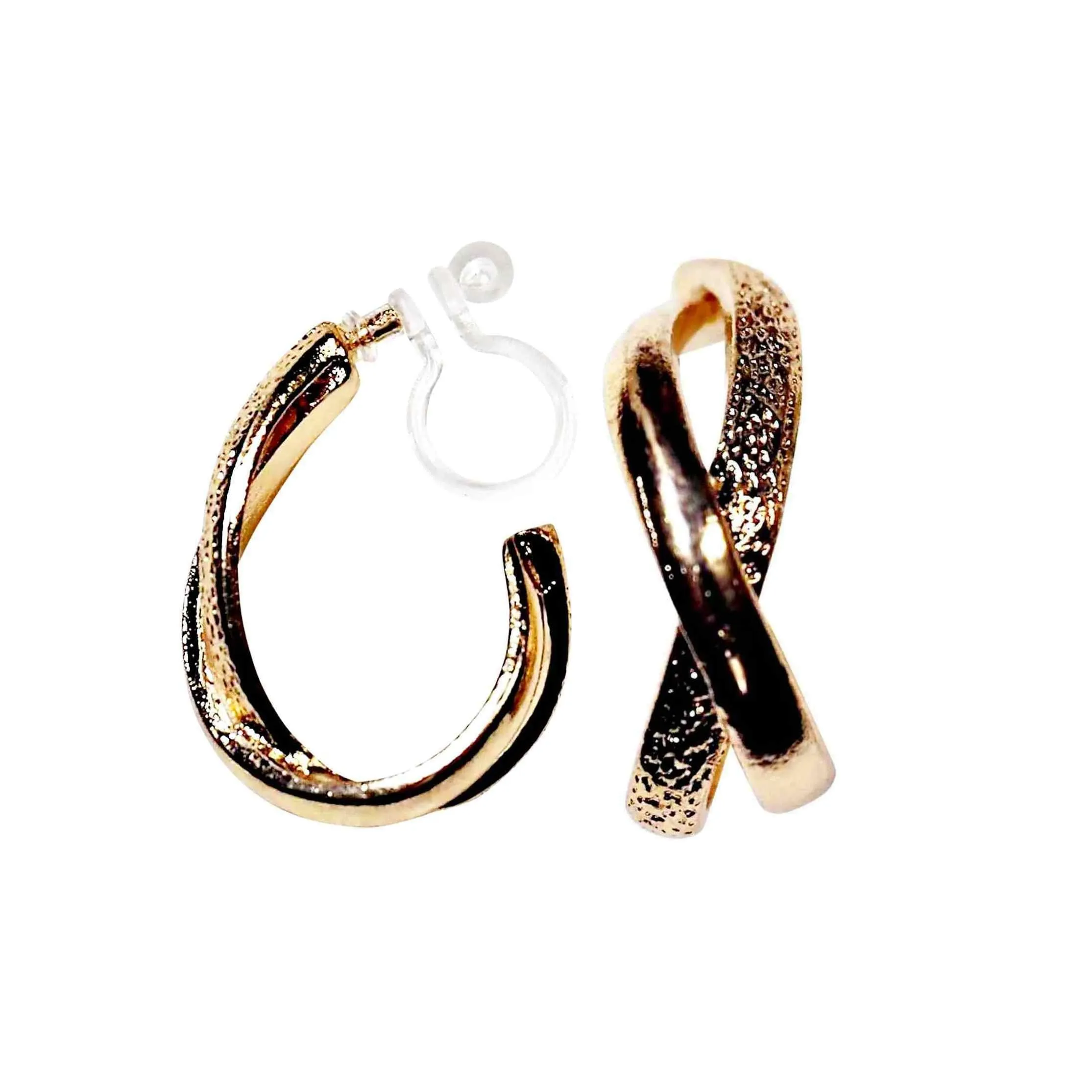 Textured Cross Invisible Clip On Hoop Earrings (Gold/Silver)