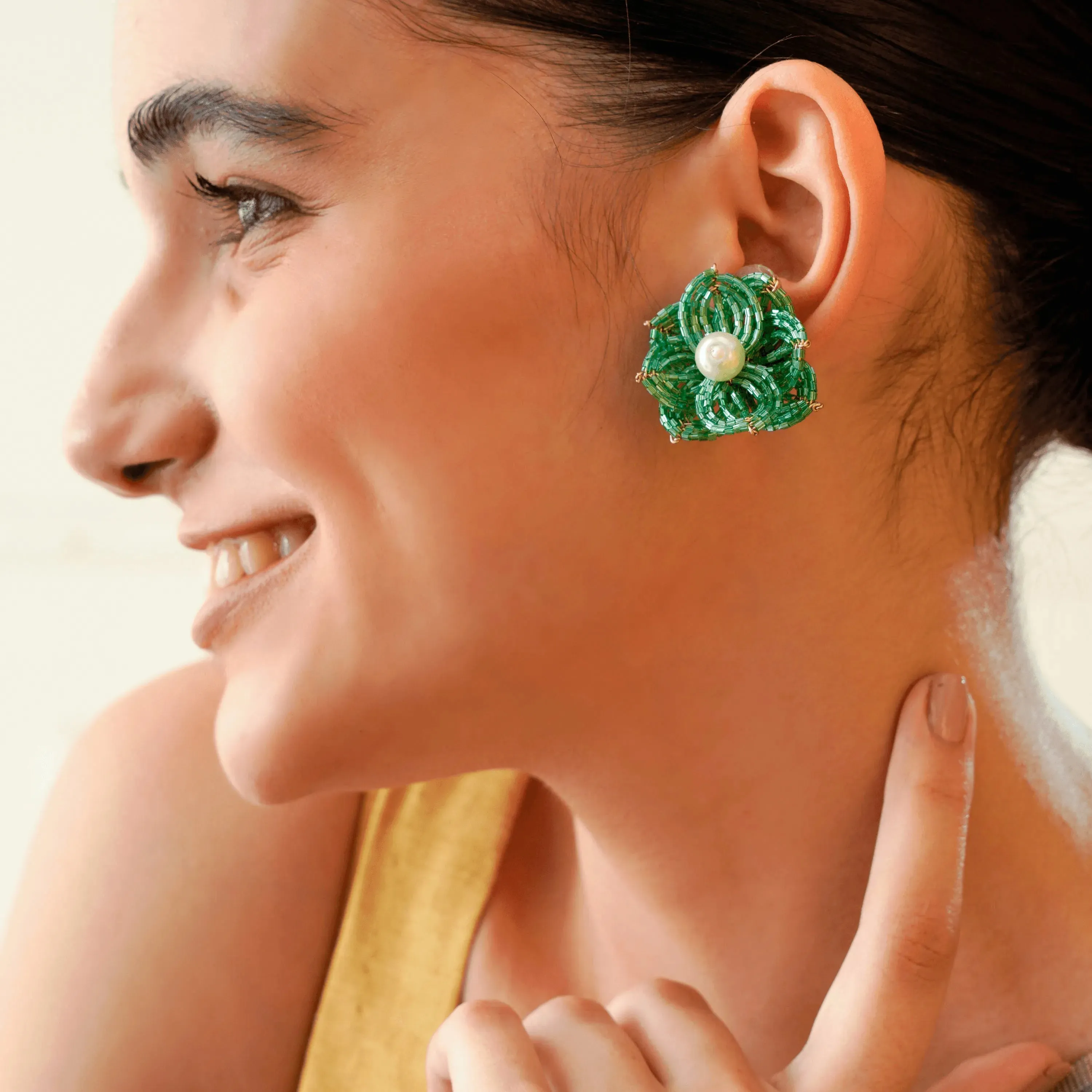 TFC Green Cutdana Sweet Bloom Stud Earrings