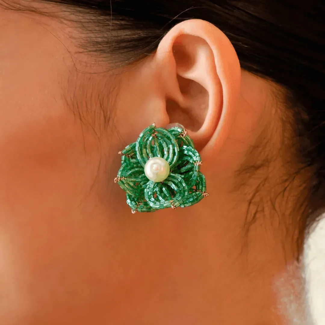 TFC Green Cutdana Sweet Bloom Stud Earrings