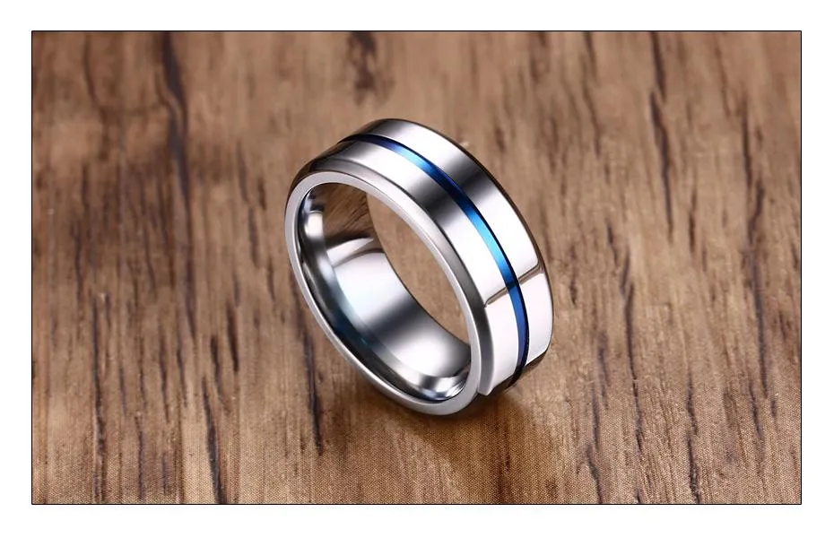 Thin Aqua Groove Stainless Steel Ring