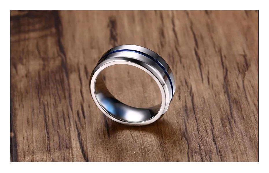 Thin Aqua Groove Stainless Steel Ring