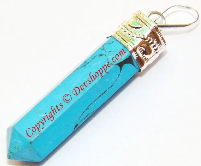 Turquoise (Firoza) pencil shaped pendant in white metal