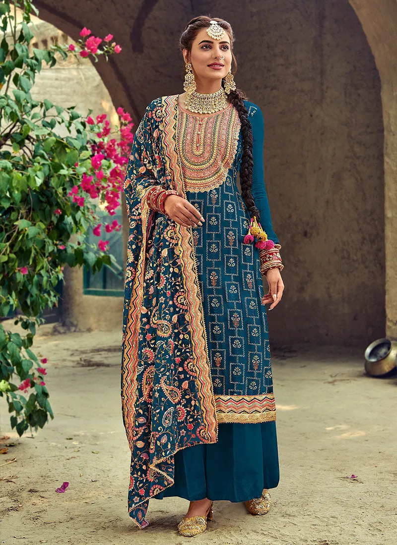 Turquoise Multicoloured Embroidered Georgette Palazzo Suit