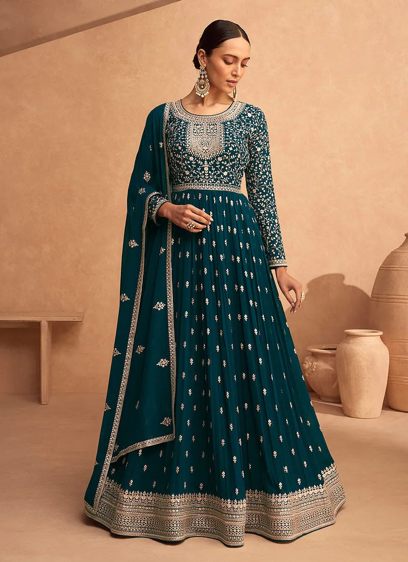 Turquoise Sequence Embroidery Festive Anarkali Suit