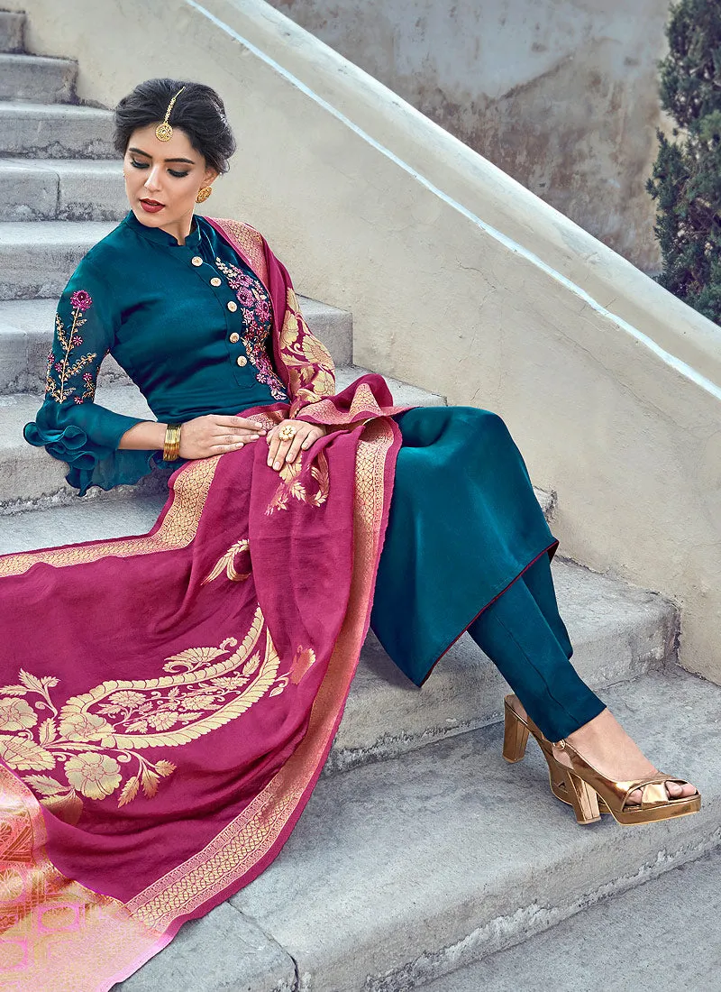 Turquoise Sober Embroidered With Banarasi Dupatta Pant Suit