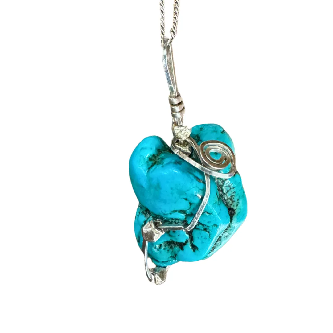 Turquoise Wire Wrapped Pendant Silver Necklace