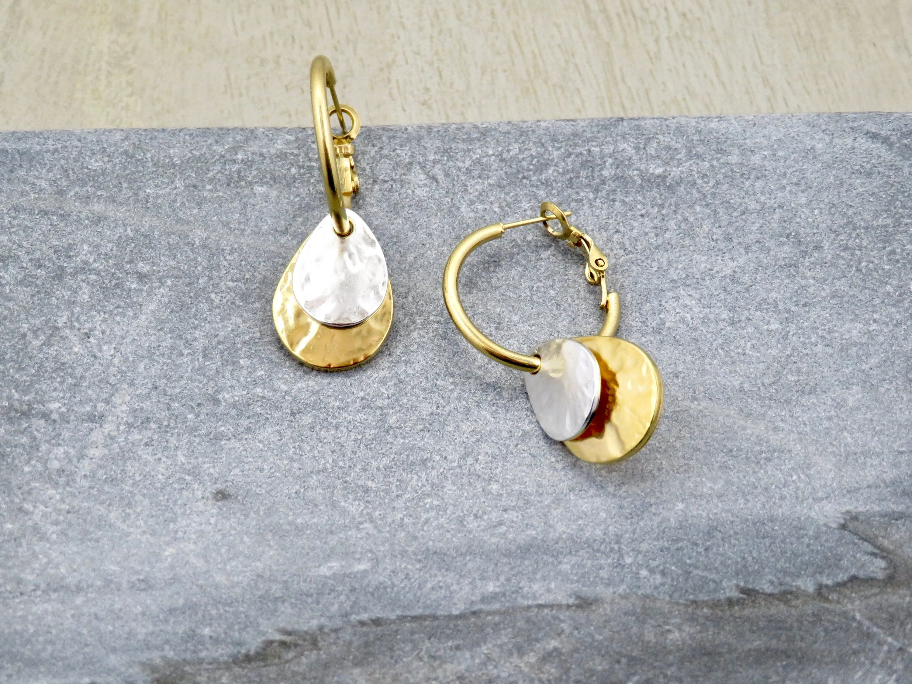 Two Tone Teardrop Hoop Earrings - Gold with Silver