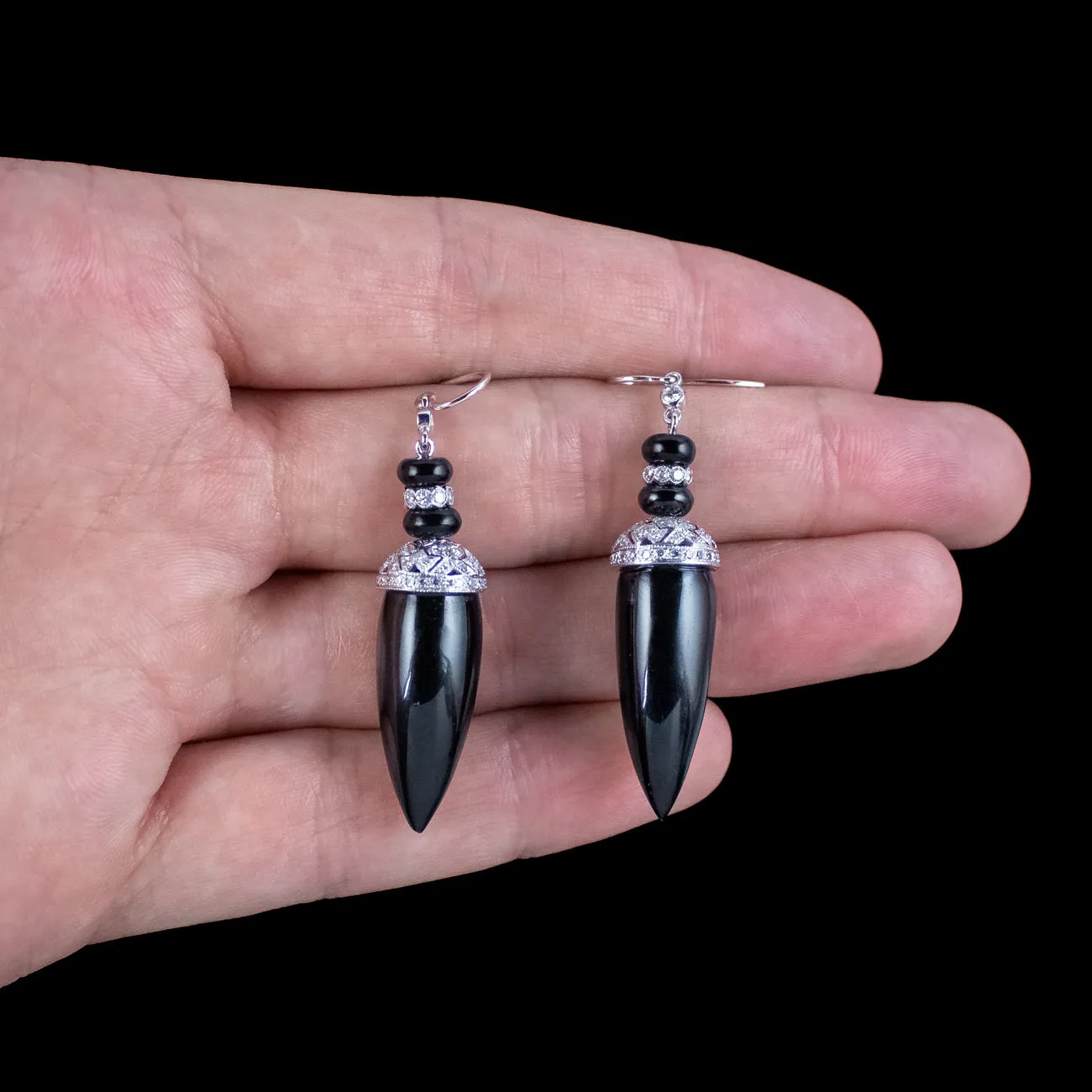 Vintage Onyx Diamond Drop Earrings Platinum