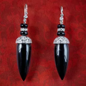 Vintage Onyx Diamond Drop Earrings Platinum