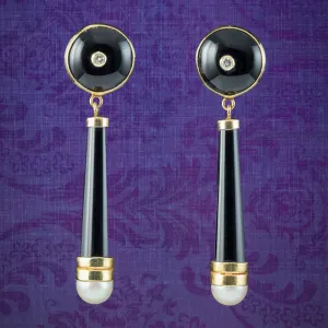 Vintage Onyx Diamond Pearl Drop Earrings 14ct Gold