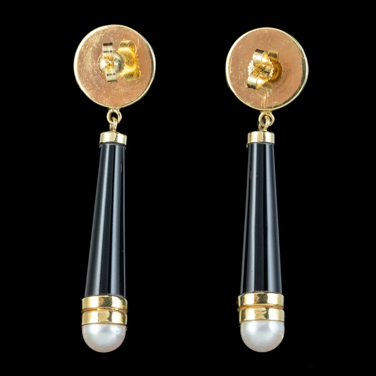 Vintage Onyx Diamond Pearl Drop Earrings 14ct Gold