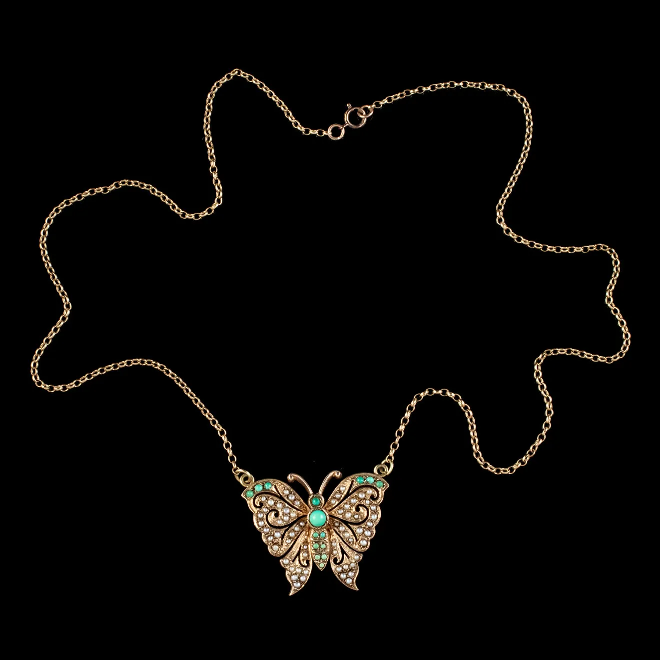 Vintage Turquoise Pearl Butterfly Lavaliere Pendant Necklace Dated 1976