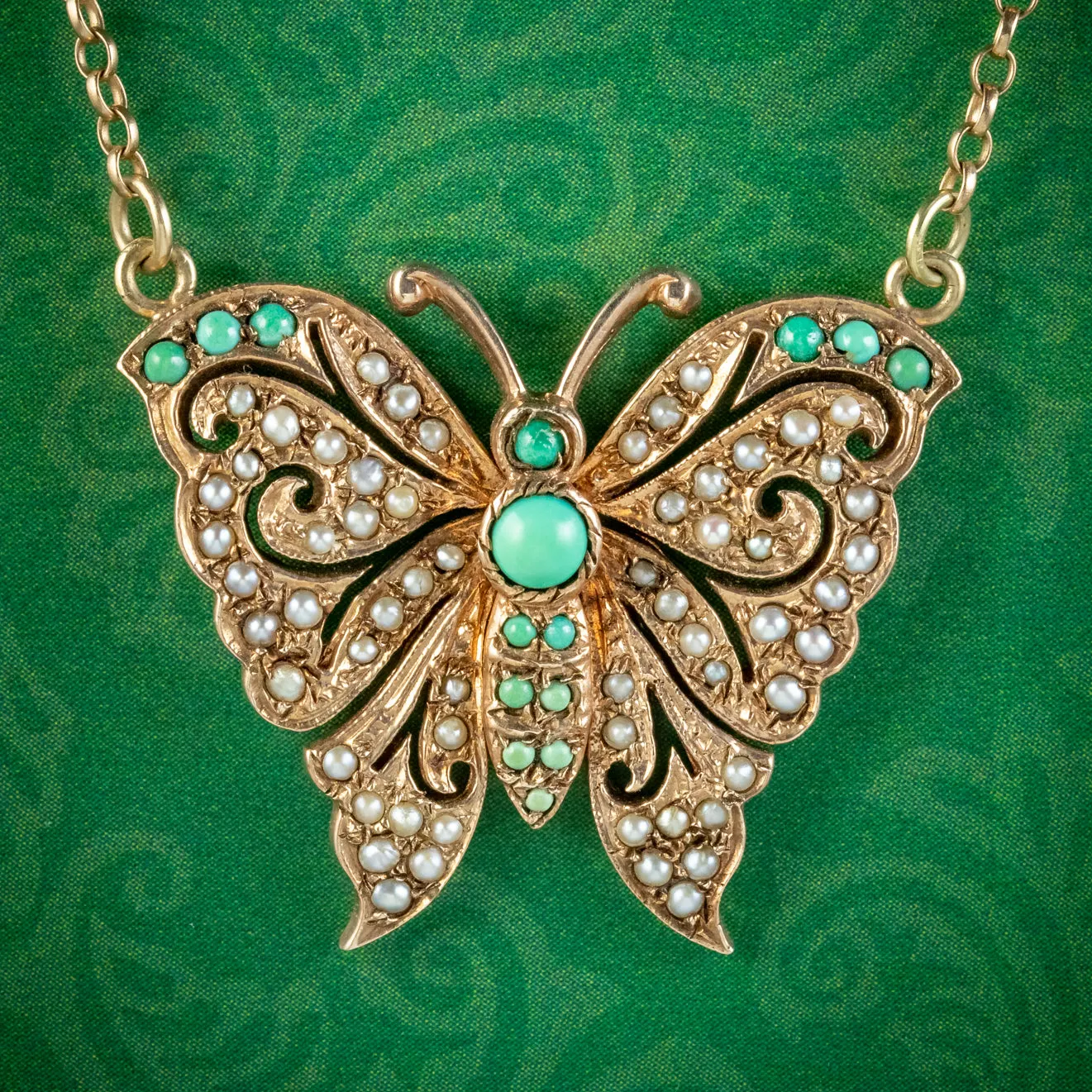 Vintage Turquoise Pearl Butterfly Lavaliere Pendant Necklace Dated 1976