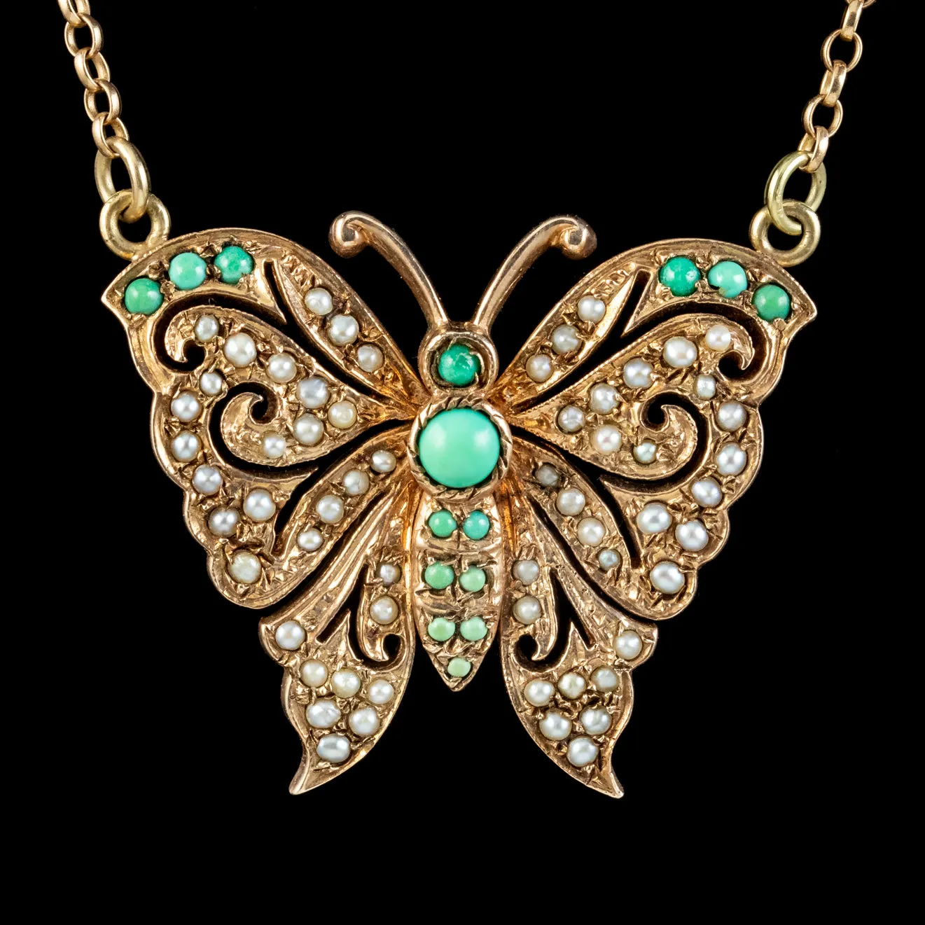 Vintage Turquoise Pearl Butterfly Lavaliere Pendant Necklace Dated 1976