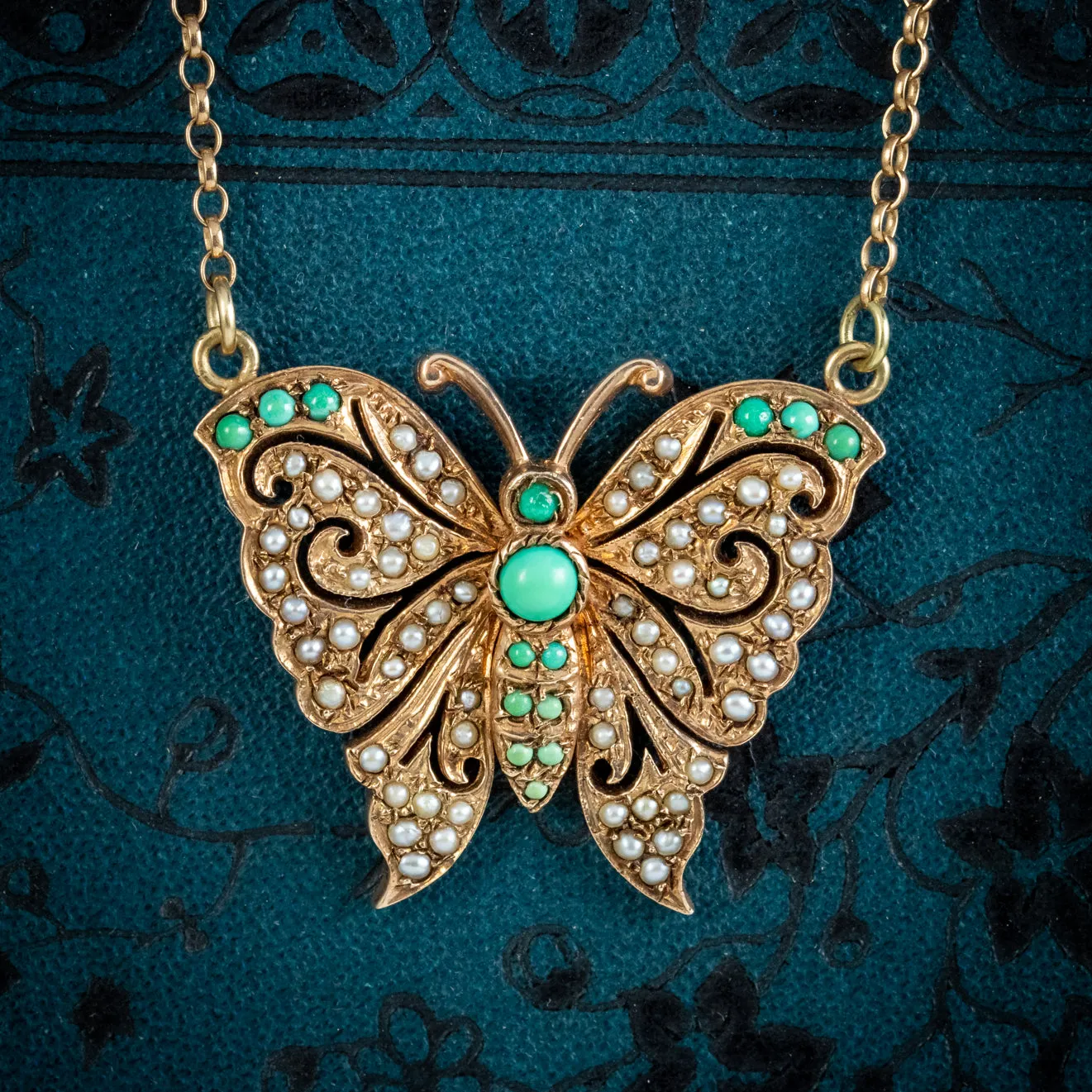 Vintage Turquoise Pearl Butterfly Lavaliere Pendant Necklace Dated 1976