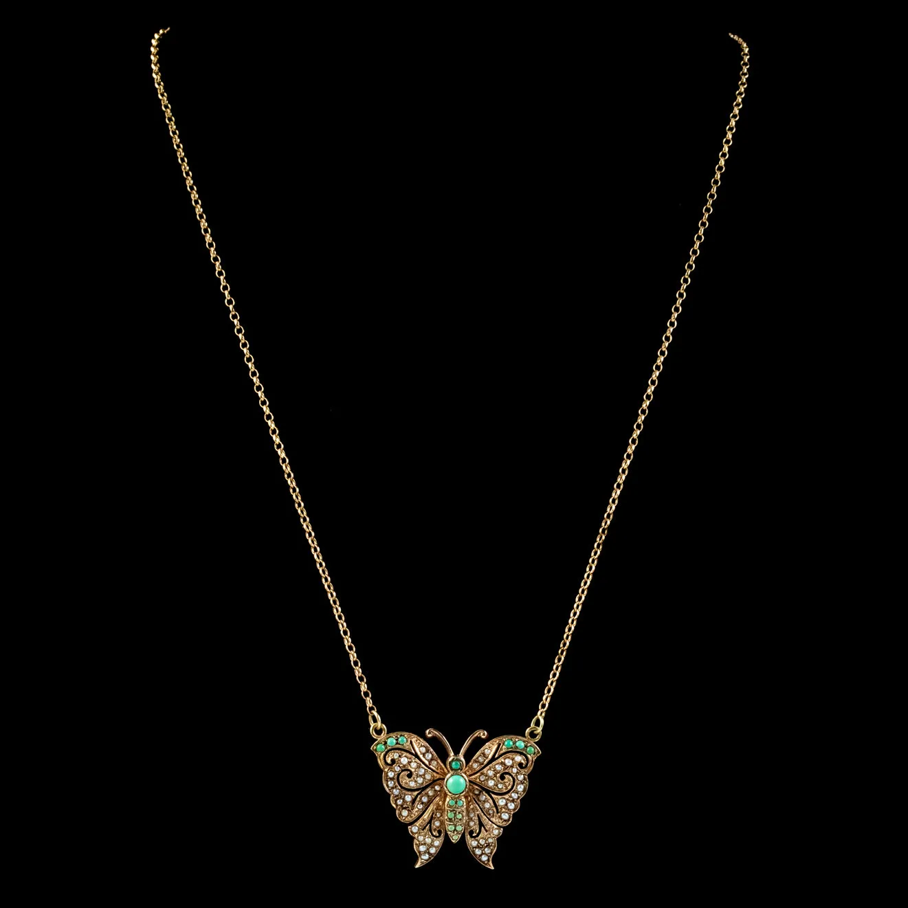 Vintage Turquoise Pearl Butterfly Lavaliere Pendant Necklace Dated 1976