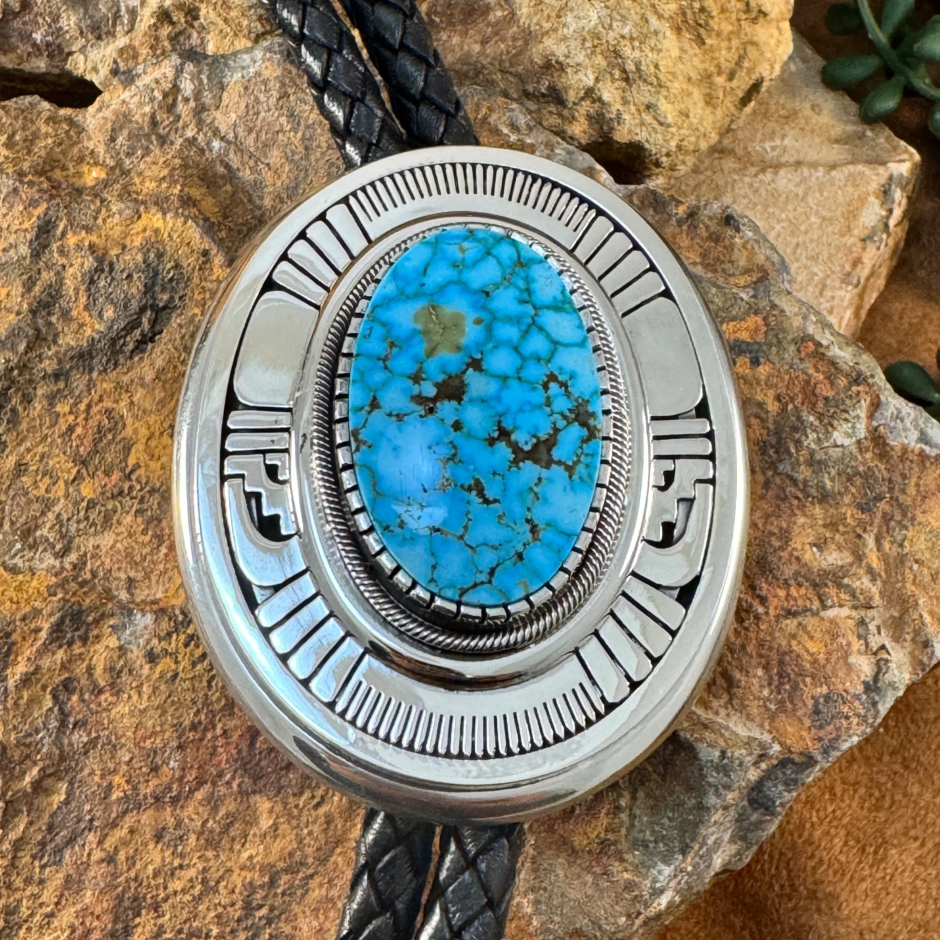 Water Web Kingman Turquoise Sterling Silver Leather Bolo Tie by Leonard Nez