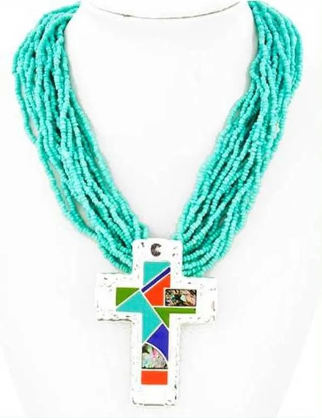 Western Inspired Silver Tone Color Block Cross Necklace