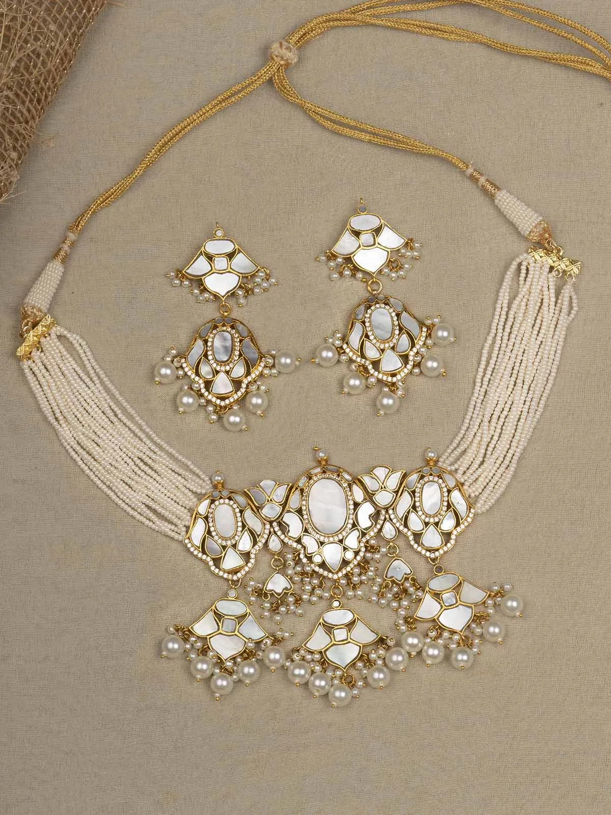 White Color Gold Plated Jadau Kundan Necklace Set - MS1987