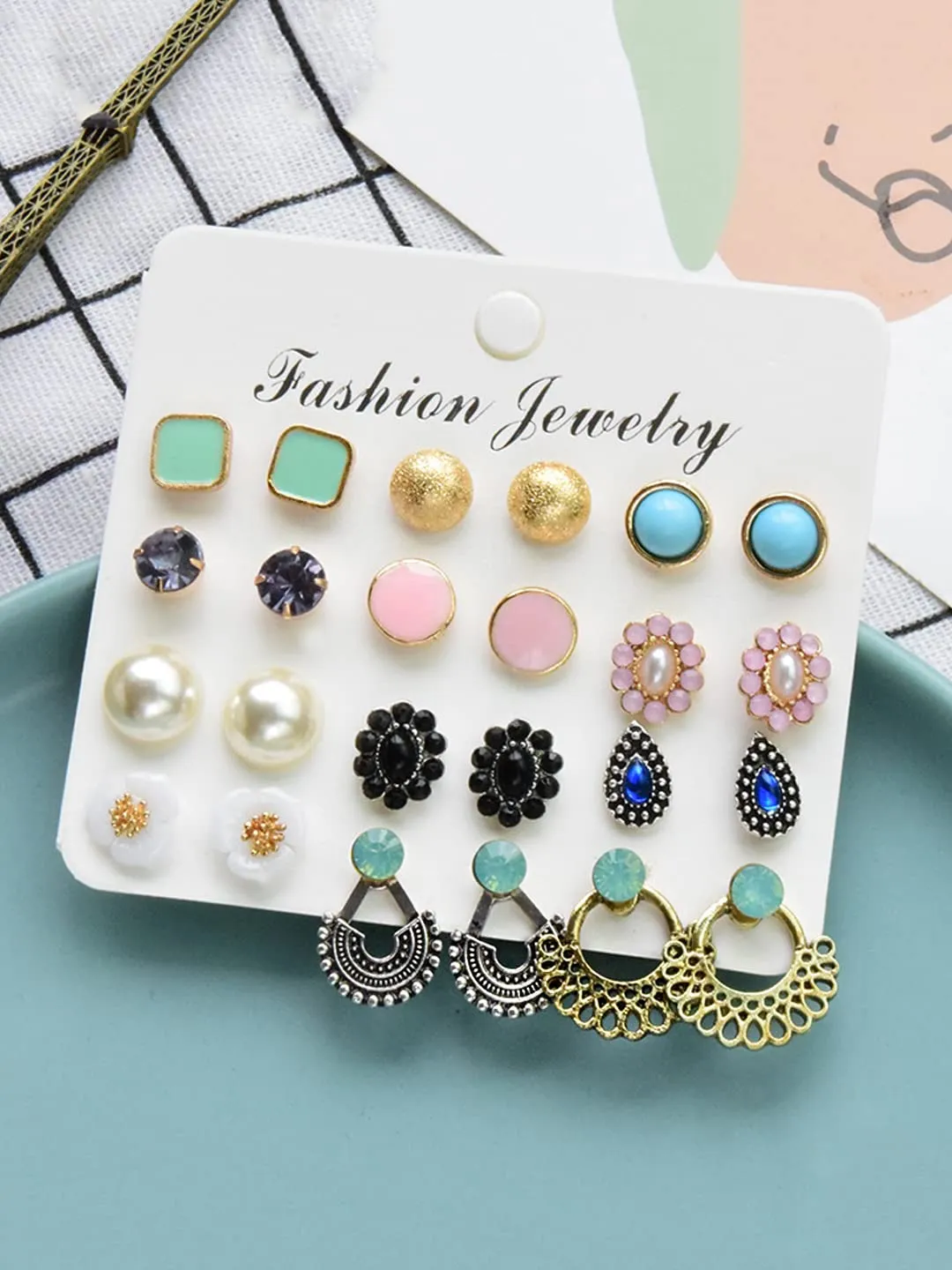 Yellow Chimes Stud Earrings for Women Set of 12 Pairs Multicolor Stones Colourful Combo Stud Earrings For Women and Girls