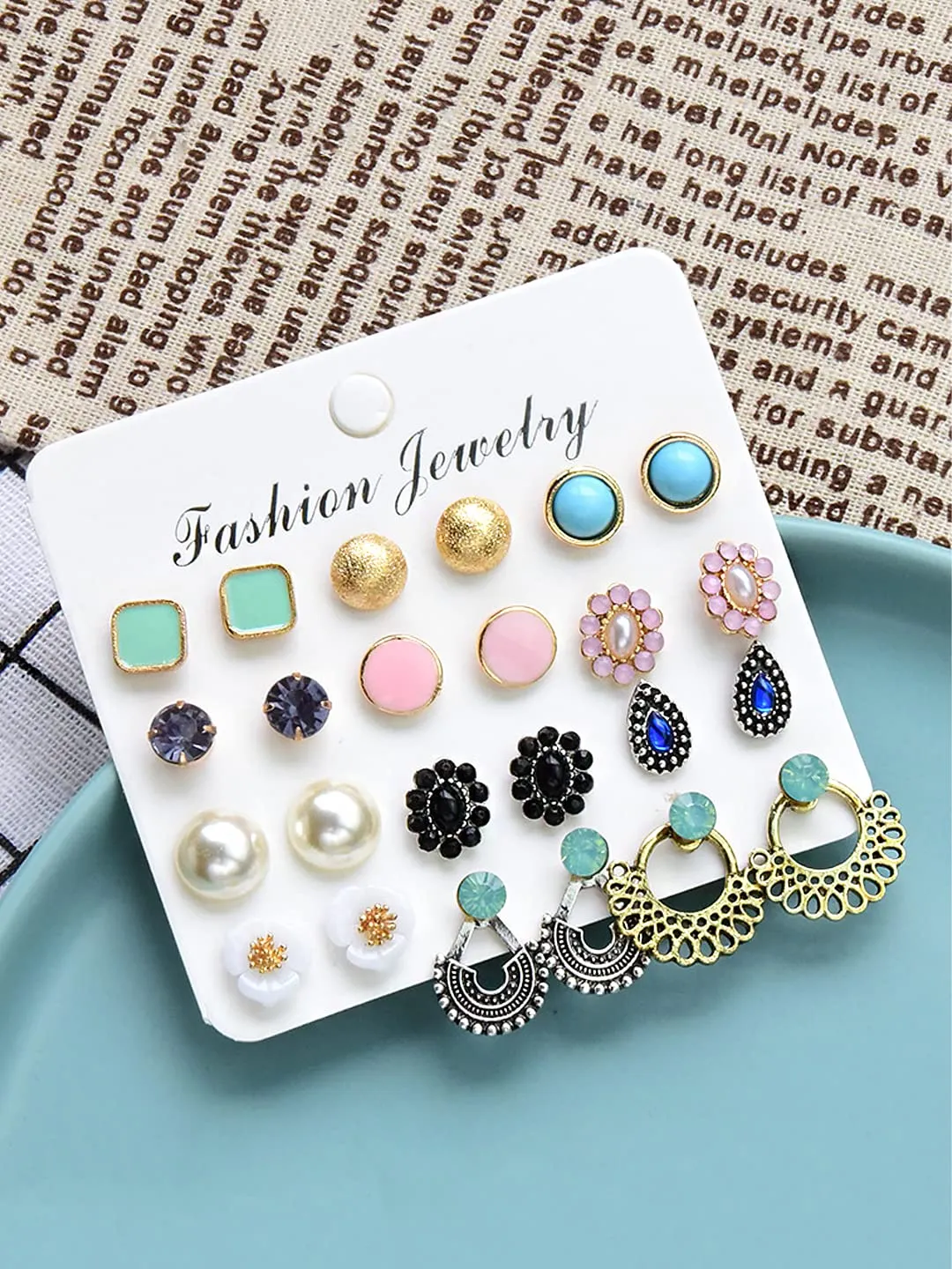 Yellow Chimes Stud Earrings for Women Set of 12 Pairs Multicolor Stones Colourful Combo Stud Earrings For Women and Girls